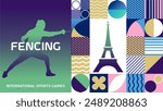 International sports games fencing poster background. Banner of Paris summer world sports competition