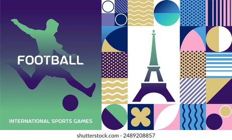 Internationale Sportspiele Fußball Poster Hintergrund. Banner des Pariser Sommersportwettbewerbs