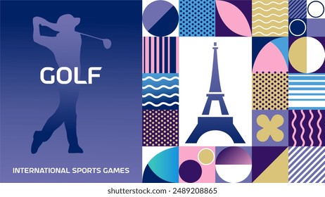 International sports games golf poster background. Banner of Paris summer world sports competition