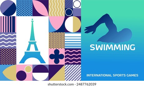 International sports games swimming poster background. Banner of summer world sports competition