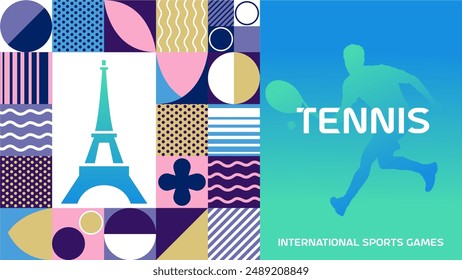 Fondo de póster de tenis de juegos deportivos internacionales. Anuncio de París: competición deportiva mundial de verano