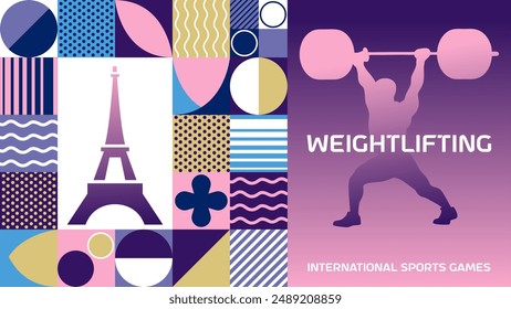 International sports games weightlifting poster background. Banner of Paris summer world sports competition