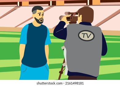 International sports journalist day. Journalist Interviews a football player on the football field on a sunny day. Man speaks into a microphone and looks into the camera live in the media. Vector.