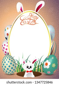 International Spring Celebration Design with Typography for Greeting Card, Party Invitation Greeting card template Easter Realistic 3D Easter eggs with rabbit ears and Handwriting inscription Happy Ea