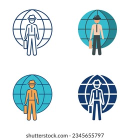 International spy agent icon set in flat and line style. Man in suit with globe on background. Vector illustration.