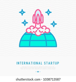 International start up thin line icon: rocket taking off from the planet. Modern vector illustration. 