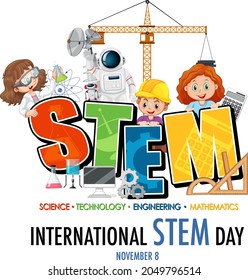 International STEM Day Banner With Kids Cartoon Character Illustration