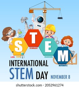 International STEM Day banner with kids cartoon character illustration