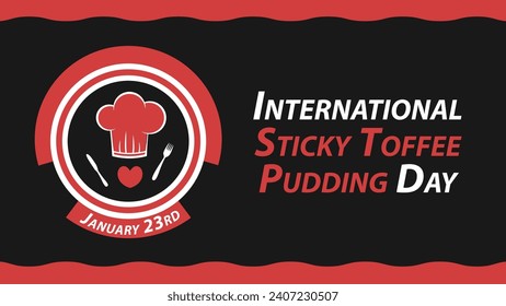 International Sticky Toffee Pudding Day vector banner design with geometric shapes and vibrant colors on a horizontal background. Happy International Sticky Toffee Pudding Day modern minimal poster.