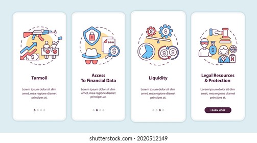 International stock challenges onboarding mobile app page screen with concepts. Turmoil, liquidity walkthrough 4 steps graphic instructions. UI, UX, GUI vector template with linear color illustrations