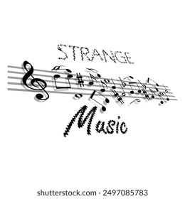 International Strange Music Day event banner. Illustration of musical notes that look messy on white background to celebrate on August 24th