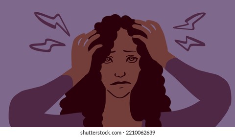 International stress awareness week November web banner with handwritten calligraphy. African american woman looking stresssed. Vector art template.