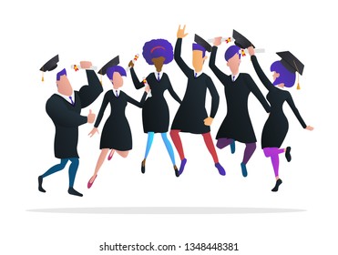 international students celebrate graduation by jumping smiling showing off diplomas to the sky. vector illustration in trendy gradient style. graduates of different races and cultures.
