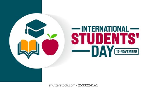 O plano de fundo ou modelo de design de banner do Dia Internacional dos Estudantes é observado todos os anos em novembro. Conceito de férias. Modelo para cartão, cartaz, cartão, modelo.