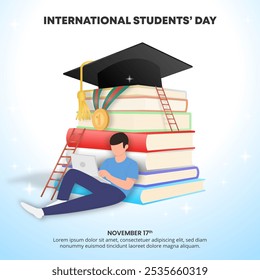 International Students' Day background with a learning student and stacked books