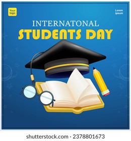 International Students Day, graduation cap, open book, pencil and glasses. 3d vectors suitable for education and events