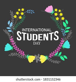 International students day greeting card, poster, invitation, banner. Bright ornament on the black background.