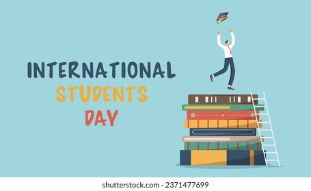 International Students Day. November 17. Holiday concept. Template for background, banner, card, poster with text inscription. A student on stacks of books throws up his master's hat