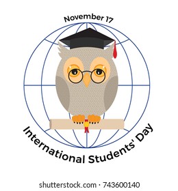 International students ' day. Owl in a graduation cap and a scroll in his paws.