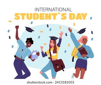 International students day poster. Holiday and festival 17 November. Young guy and girls with graduated caps under colorful confetti. Education and learning. Cartoon flat vector illustration
