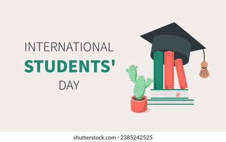 Cartel simple del Día Internacional del Estudiante. Suministros de estudiantes, libros. 17 de noviembre. Concepto de vacaciones. Plantilla para fondo, banner, tarjeta, afiche con inscripción de texto. Ilustración plana vectorial.
