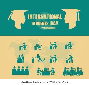 "International Students' Day" vector illustration with Globe using graduation hat design. Good background template for education or back to school design. Holiday concept, November 17.
