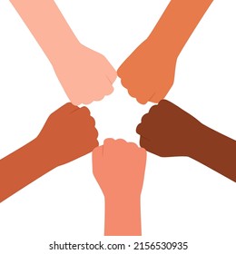 International students hands making fist bump gesture together, unity group symbol, education, school, teamwork. People putting their hands circle. Support, power, strength of hands. Vector