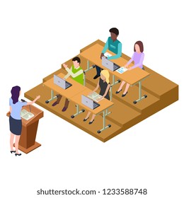 International students on lecture, seminar isometric vector illustration