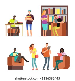 International students reading books and magazines in library or bookstore. Vector illustration