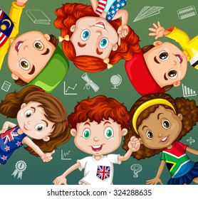 International students and school objects illustration