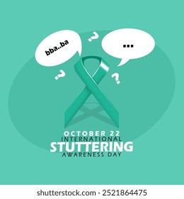 International Stuttering Awareness Day celebrates on October 22nd. Teal campaign ribbon with cloud text on light teal background. Event health banner.