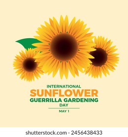 Ilustración vectorial de afiches del Día Internacional de la Jardinería de la Guerrilla de Girasol. Hermoso Vector de cabeza de girasol. Icono amarillo de girasoles frescos. Plantilla de fondo, Anuncio, tarjeta. 1 de mayo de cada año