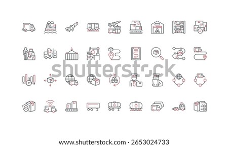 International supply chain, export and import, delivery planning, warehouse storage line icon set. Logistics of supplier, clearance, freight transport thin black and red symbols vector illustration