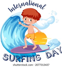 International Surfing Day banner with a boy surfer cartoon character isolated illustration