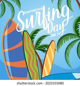 International Surfing Day banner with many surfboards on the beach illustration