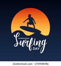 international surfing day banner, sunset and man riding on surfboard with sea wave