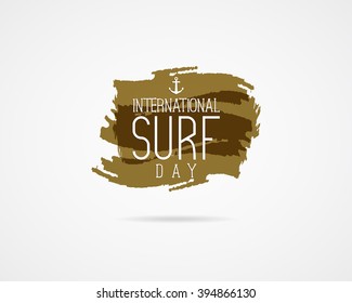 International surfing day graphic elements. Vector surfing day typography emblem. Surfer party banner or sign on watercolor ink splash background. Use for surf day on Web or print on t shirt