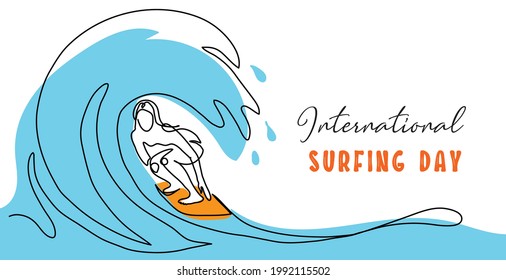 International surfing day simple vector banner, poster, background. One continuous line drawing of surfer on the surfboard catching the wave. Surfing day minimalist banner.