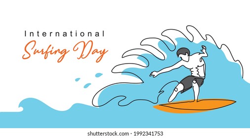 International surfing day simple vector banner, poster, background. One continuous line drawing of surfer guy on the surfboard catching the wave. Surfing day minimalist poster.