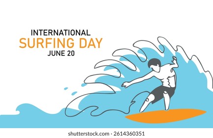 International surfing day simple vector banner, poster, background. One continuous line drawing of surfer on the surfboard catching the wave. Surfing day minimalist banner