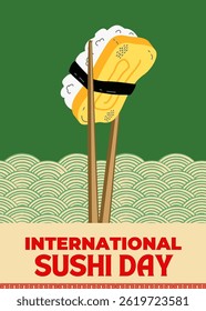 Conceito de design do Dia Internacional do Sushi para cartaz, banner, fundo. Sushi e hashis ilustração com padrão.