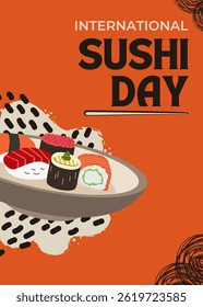 Conceito de design do Dia Internacional do Sushi para cartaz, banner, fundo. Sushi na ilustração placa com design abstrato.