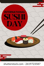 Conceito de design do Dia Internacional do Sushi para cartaz, banner, fundo. Sushi e hashis ilustração com padrão.
