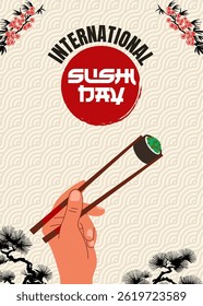 Conceito de design do Dia Internacional do Sushi para cartaz, banner, fundo. mão segurando pauzinhos com padrão de ilustração de sushi e flor de sakura.