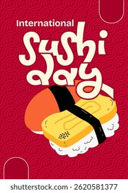 Conceito de design do Dia Internacional do Sushi para cartaz, banner, fundo. Ilustração plana de sushi, padrão japonês.