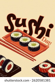 Conceito de design do Dia Internacional do Sushi para cartaz, banner, fundo. Chopsticks e design de ilustração plana de sushi.