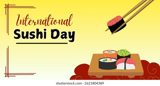 International Sushi Day design concept for poster, banner, background. Chopsticks and sushi menu flat illustration design.