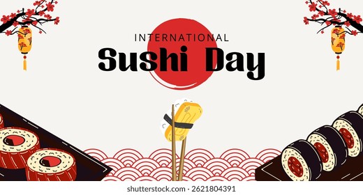 International Sushi Day design concept for poster, banner, background. Chopsticks and japanese pattern illustration design.