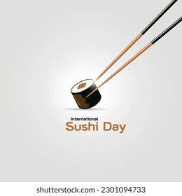 International Sushi day vector background design. Chopsticks vector illustration. Japanese food. A piece of sushi on chopsticks, as a banner, poster for international sushi day, June 18. 