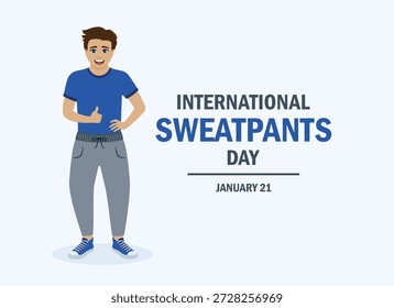 Internationale Sweatpants Day Poster Vektorgrafik. Fröhlicher junger Mann in Sweatpants und Turnschuhen Cartoon. Glücklicher Kerl in grauen Sweatpants Ikone. Vorlage für Hintergrund, Banner, Karte. 21. Januar jedes Jahr